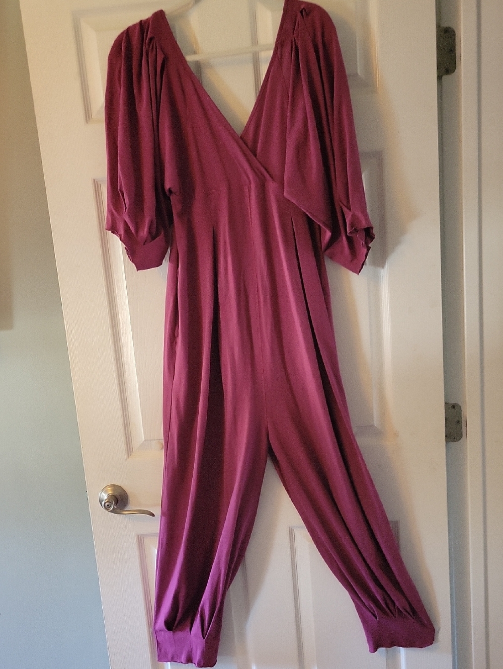 Free People Magenta V-Neck Puff-Sleeve Jumpsuit